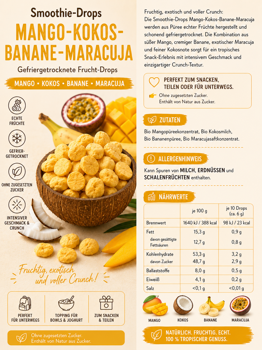 Smoothie-Drops Mango-Kokos-Banane-Maracuja 20 g
